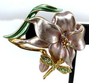 A.S. Brooch Enamel Flower Green Rhinestones Dragonfly 2" Vintage